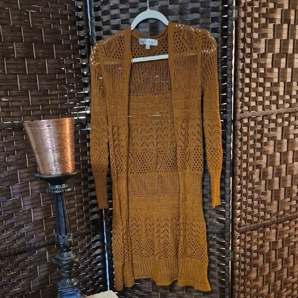 Chelsea & Theodore Mustard Open-Knit Cardigan with Side Splits